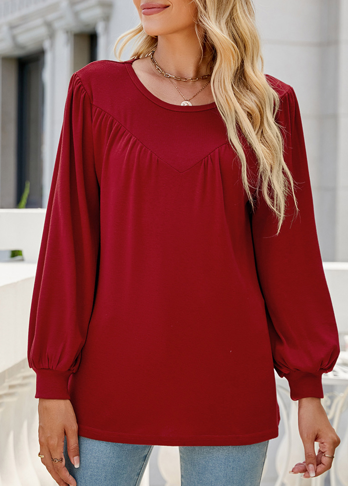 Wine Red Patchwork Long Sleeve Round Neck Blouse