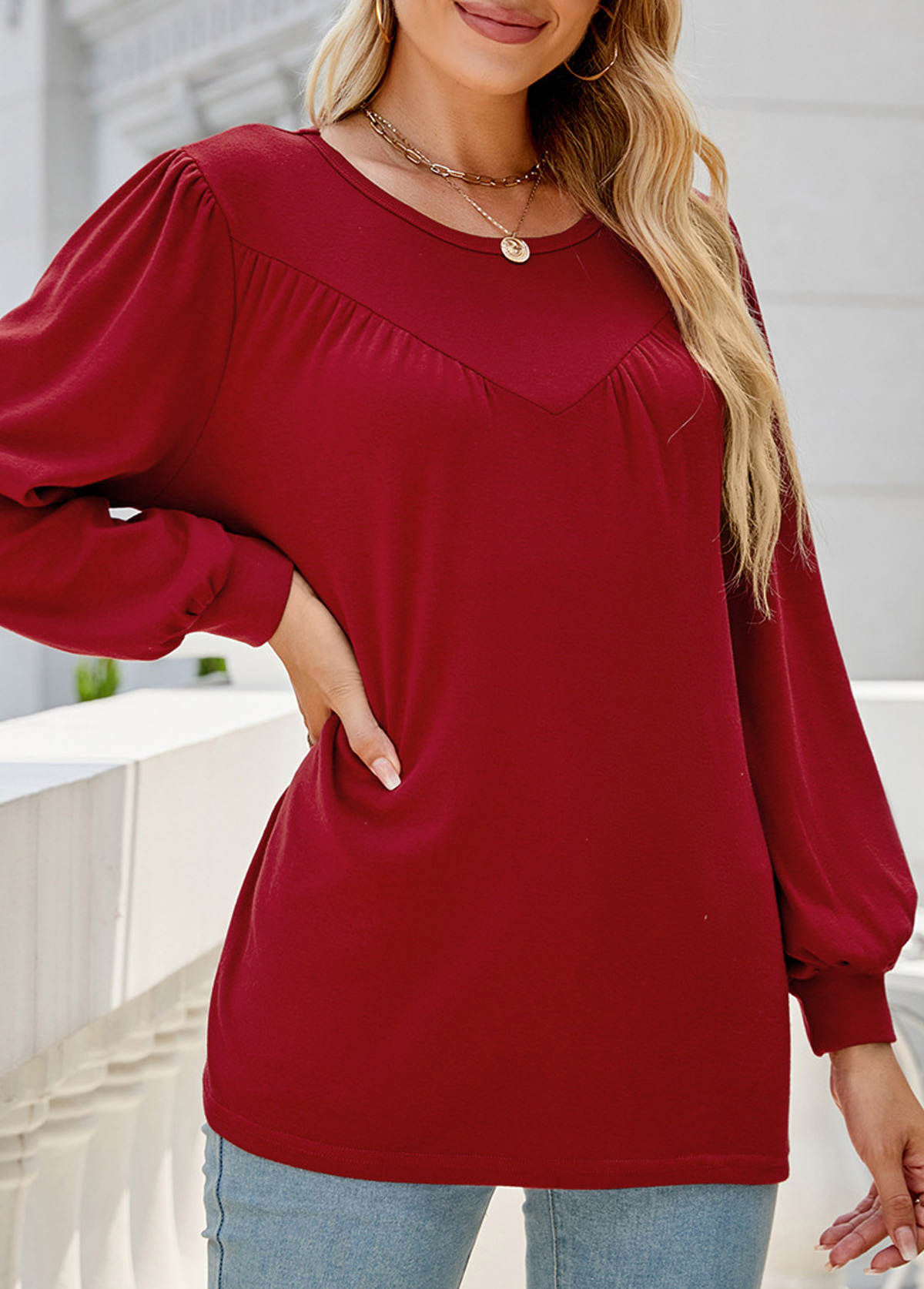 Wine Red Patchwork Long Sleeve Round Neck Blouse