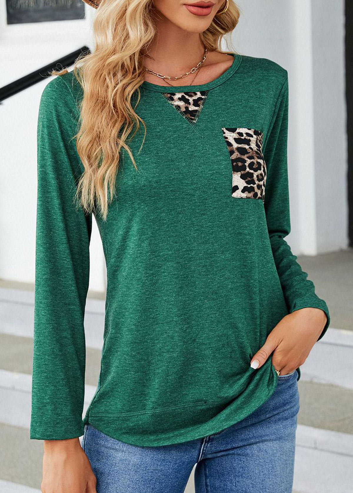 Green Patchwork Leopard Long Sleeve Round Neck T Shirt