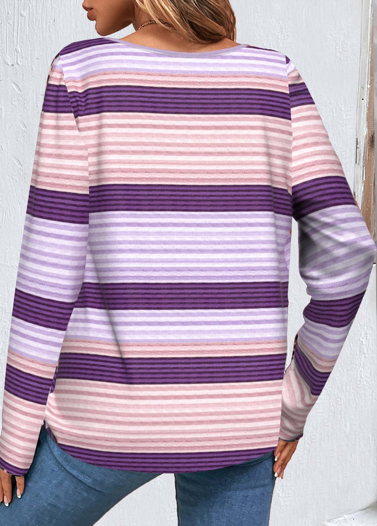 Purple Button Striped Long Sleeve T Shirt | picture 