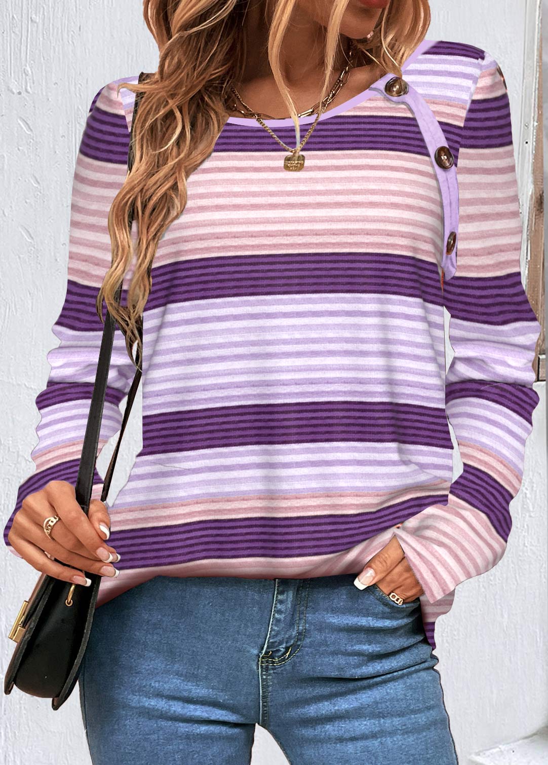 Purple Button Striped Long Sleeve T Shirt | picture 