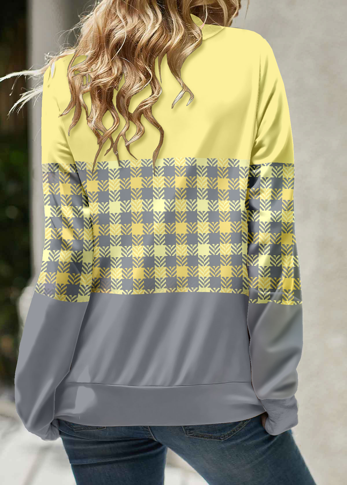 Light Yellow Patchwork Plaid Long Sleeve Sweatshirt