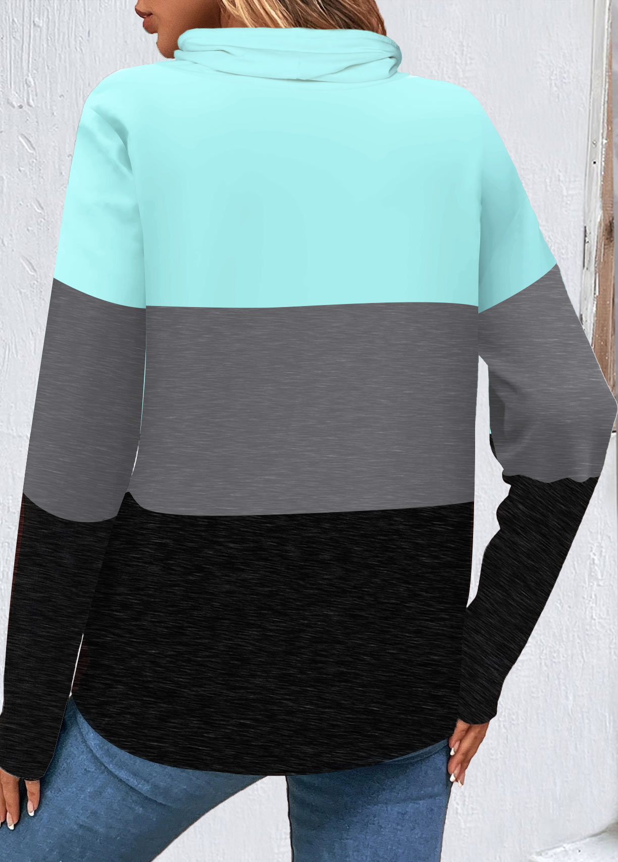 Light Blue Patchwork Long Sleeve Cowl Neck Sweatshirt