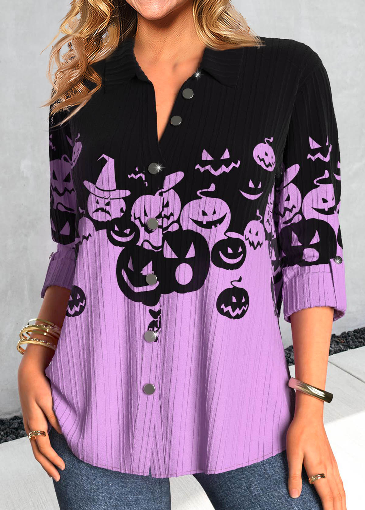 Purple Button Halloween Print Long Sleeve Blouse