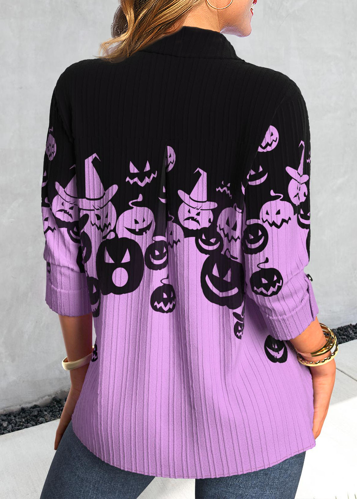 Halloween Purple Button Long Sleeve Shirt Collar Blouse | picture 