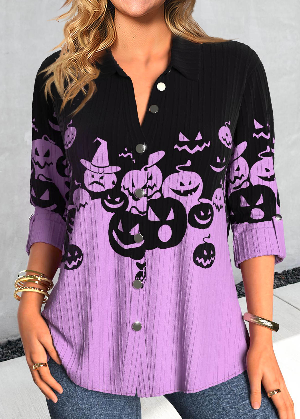 Purple Button Halloween Print Long Sleeve Blouse