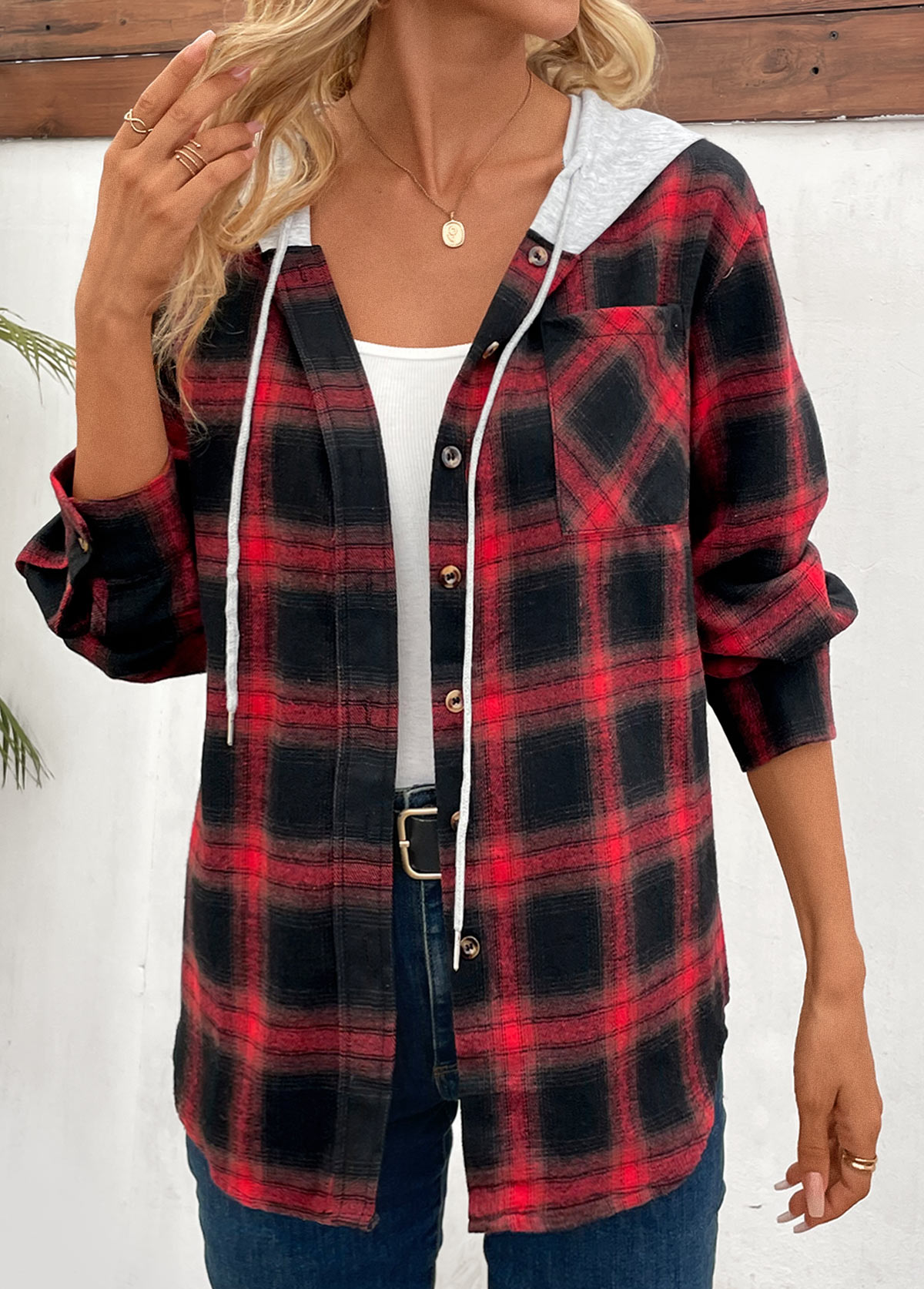Red Patchwork Plaid Long Sleeve Hooded Coat
