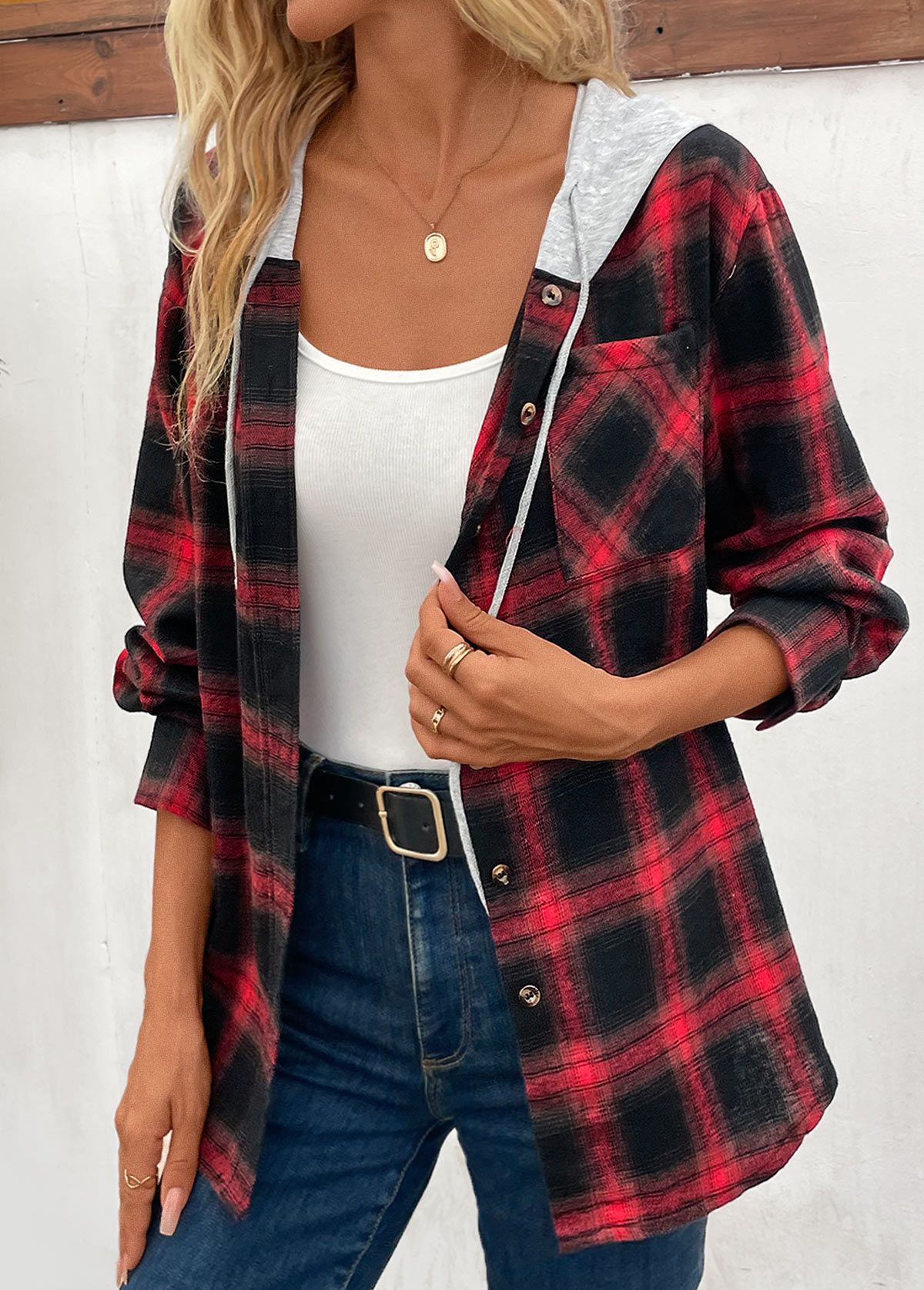Red Patchwork Plaid Long Sleeve Hooded Coat