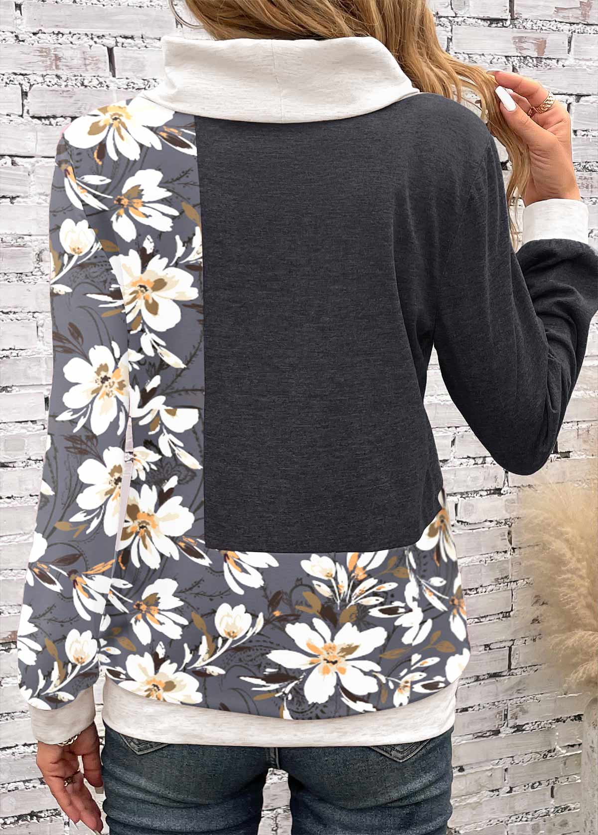 Dark Grey Patchwork Floral Print Long Sleeve Sweatshirt