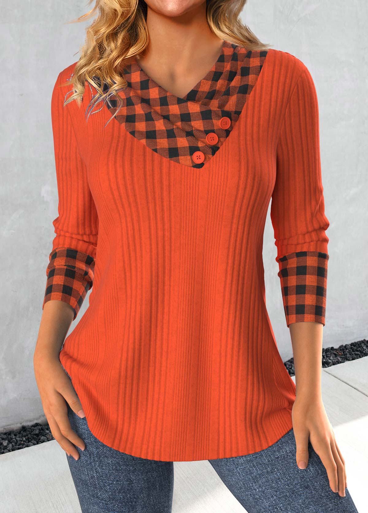 Brick Red Patchwork Plaid Long Sleeve Sweatshirt | picture 