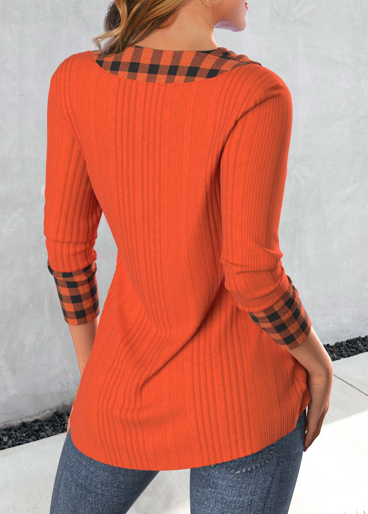 Brick Red Patchwork Plaid Long Sleeve Sweatshirt