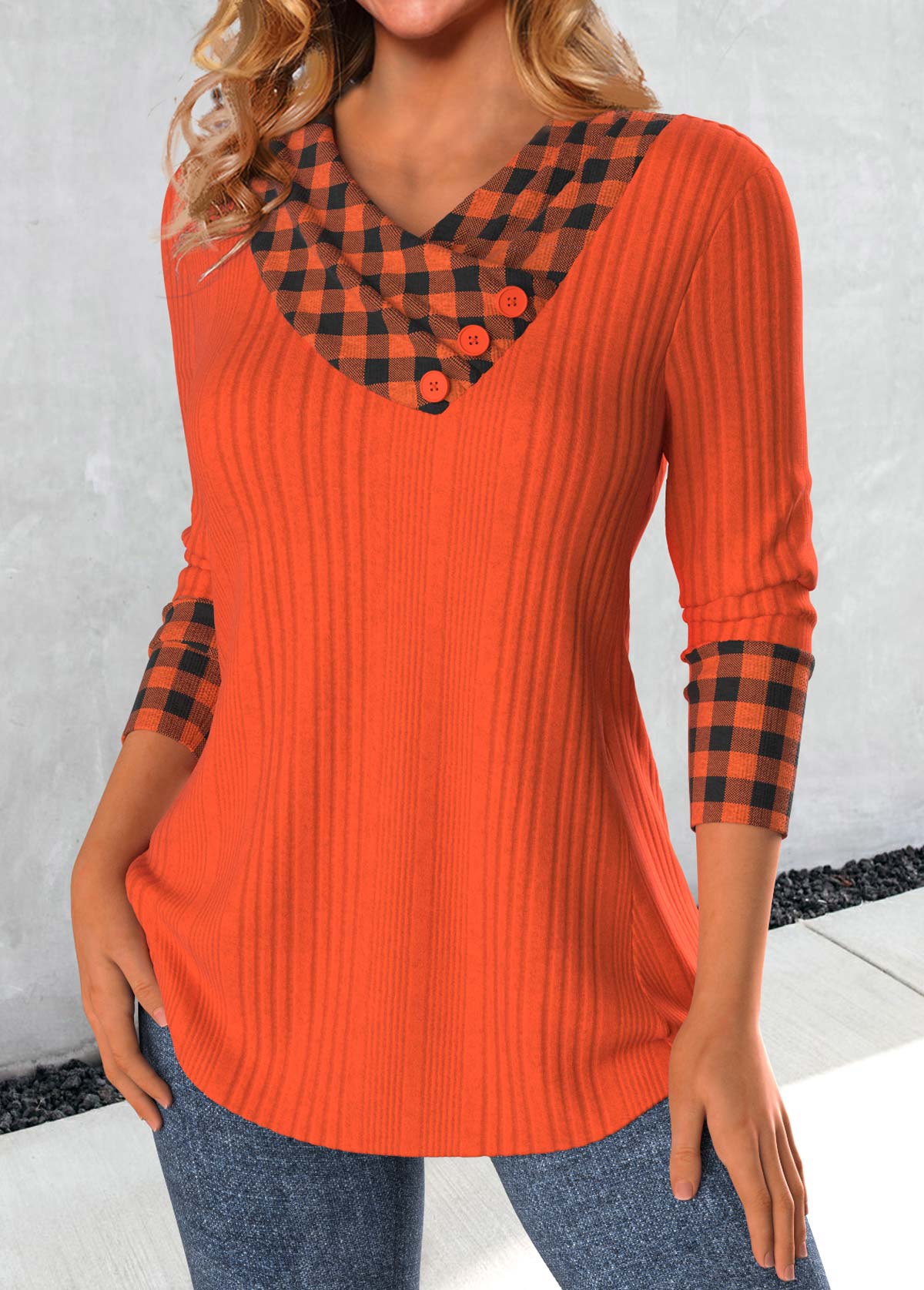 Brick Red Patchwork Plaid Long Sleeve Sweatshirt | picture 