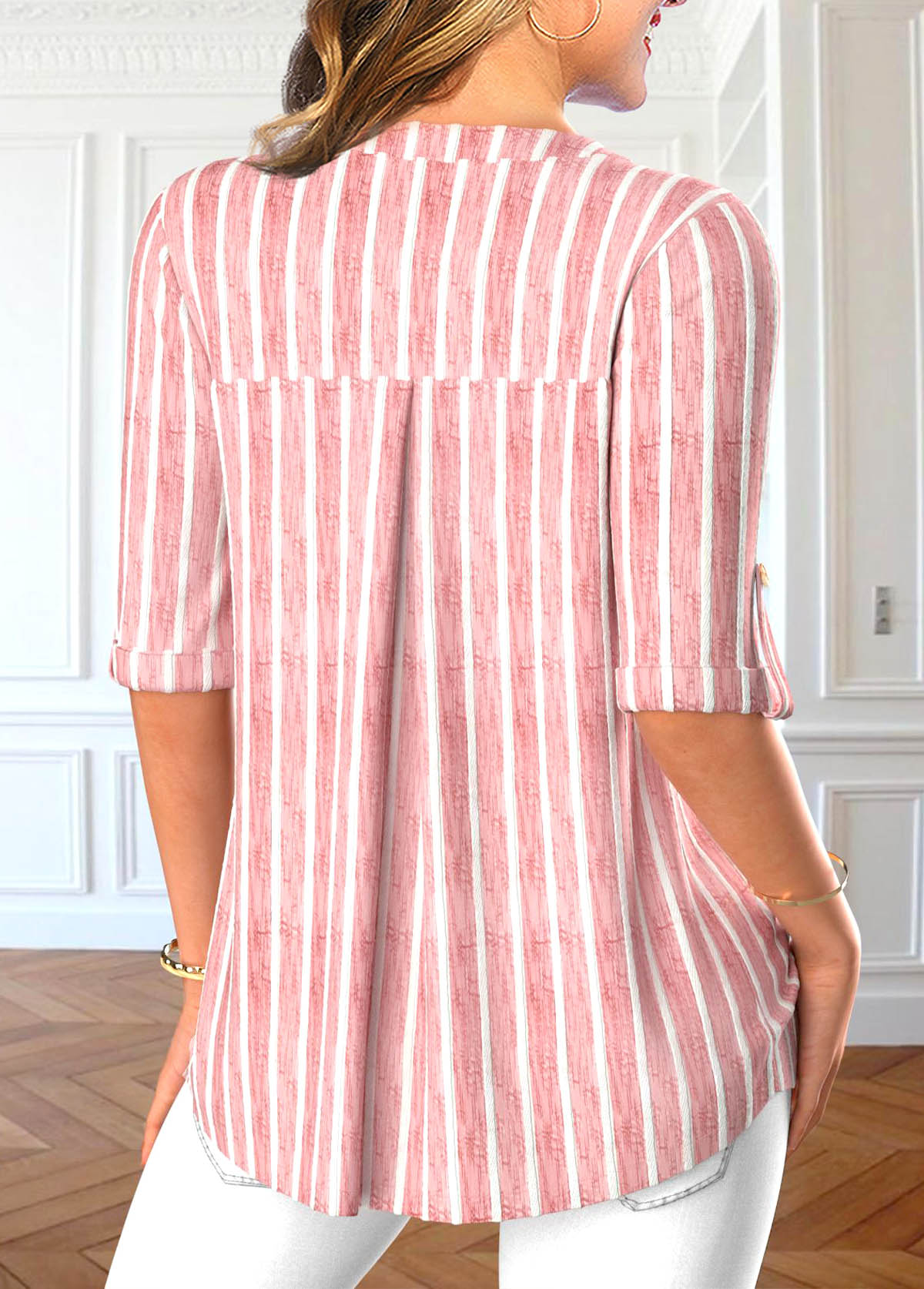 Light Pink Button Striped Half Sleeve Blouse