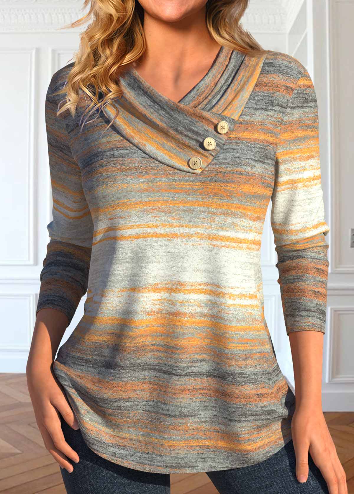 Multi Color Button Striped Long Sleeve T Shirt | picture 