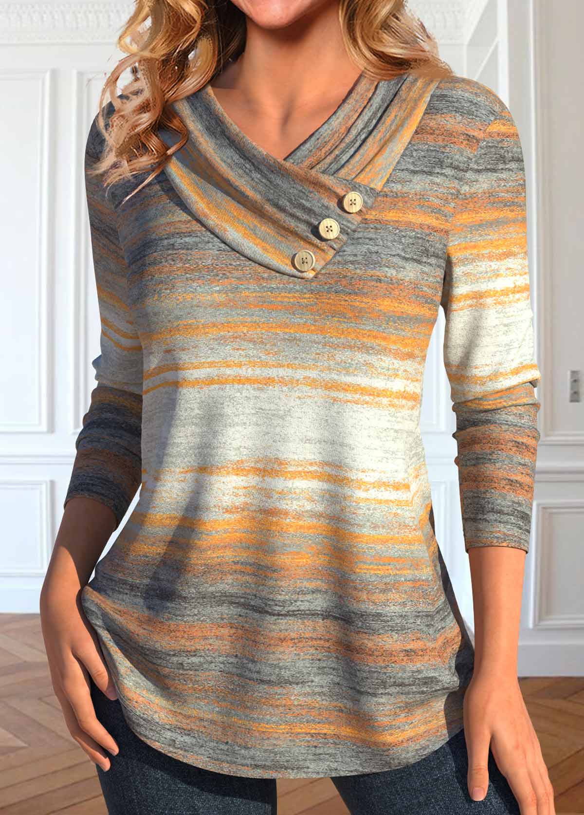 Multi Color Button Striped Long Sleeve T Shirt | picture 