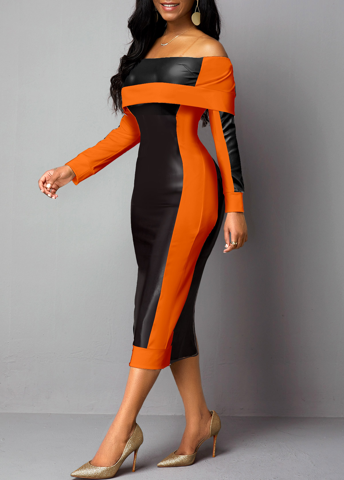 Orange Faux Leather Long Sleeve Bodycon Dress