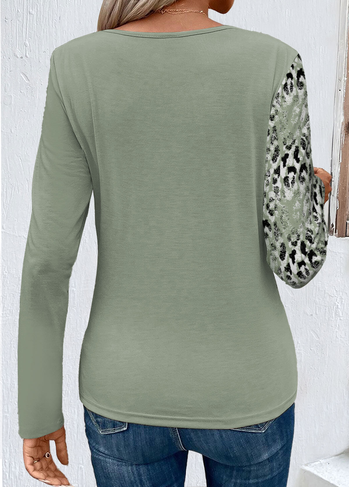 Sage Green Patchwork Leopard Long Sleeve T Shirt