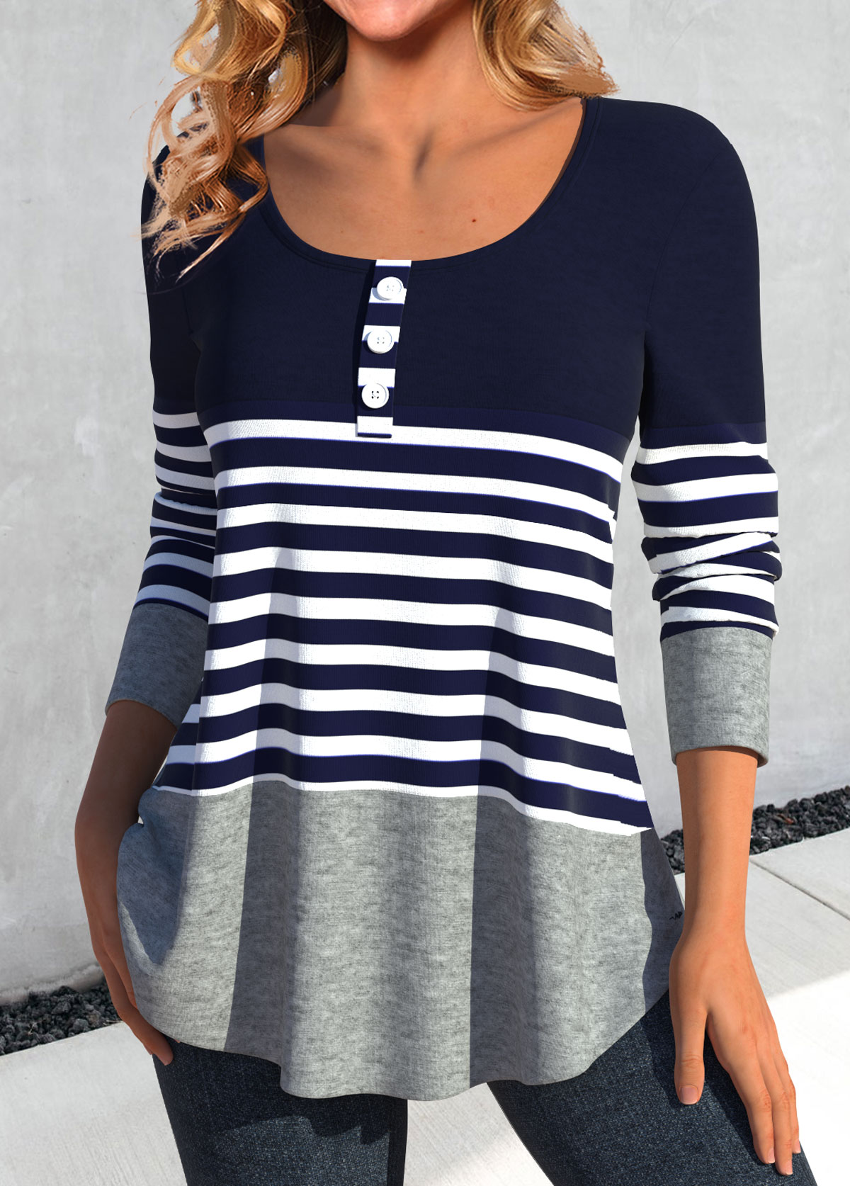 Navy Patchwork Striped Long Sleeve T Shirt