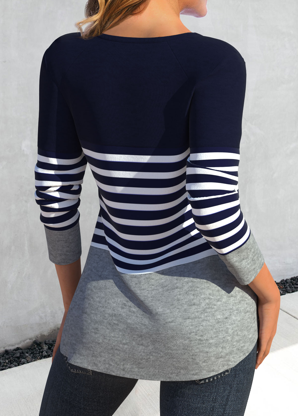 Navy Patchwork Striped Long Sleeve T Shirt | picture 