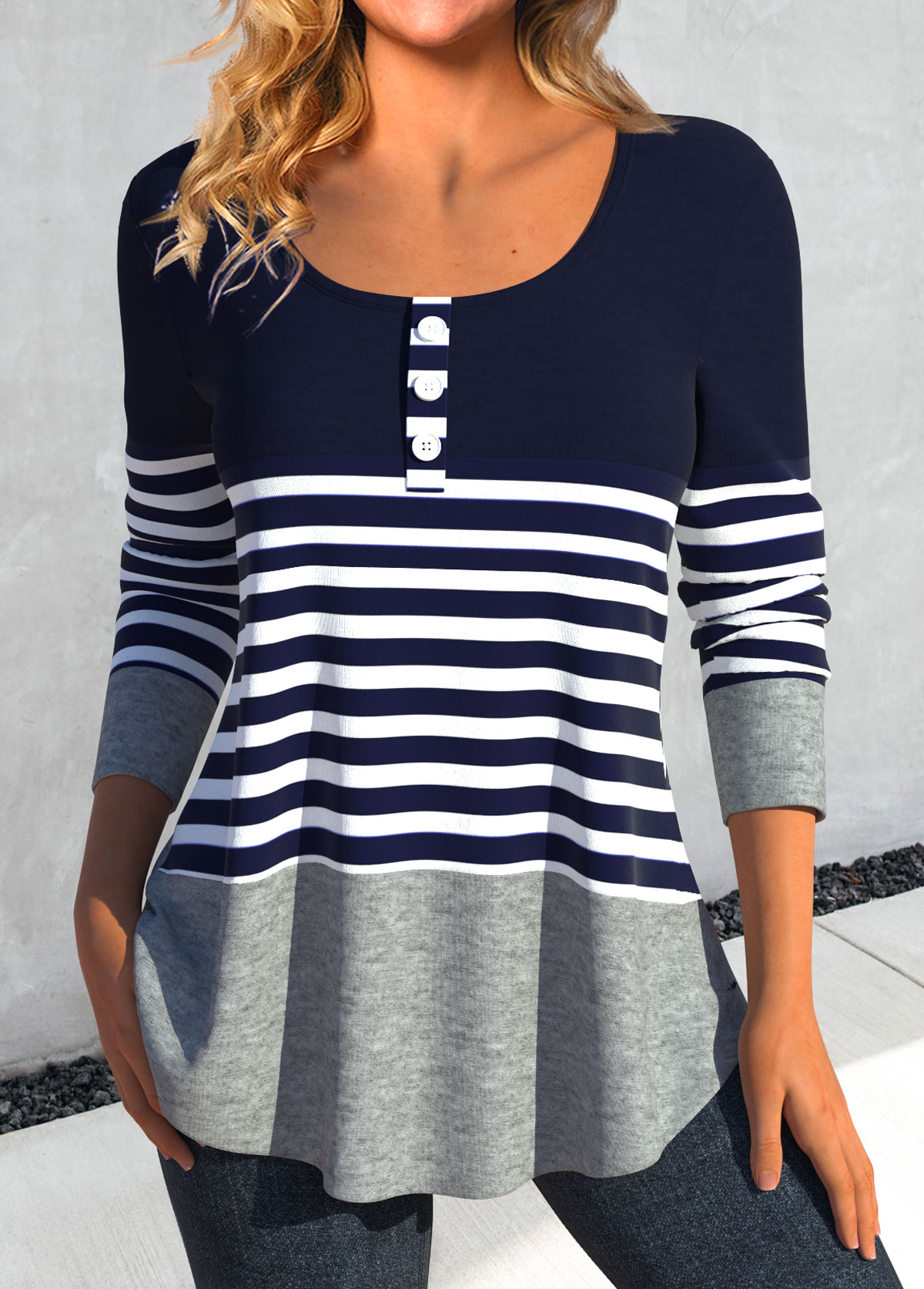 Navy Patchwork Striped Long Sleeve T Shirt | picture 