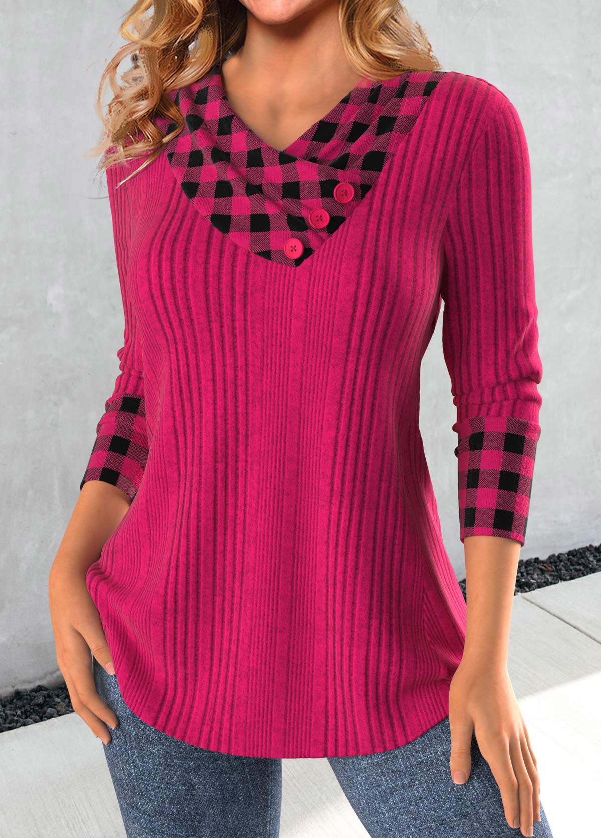 Hot Pink Patchwork Plaid Long Sleeve Sweatshirt | picture 