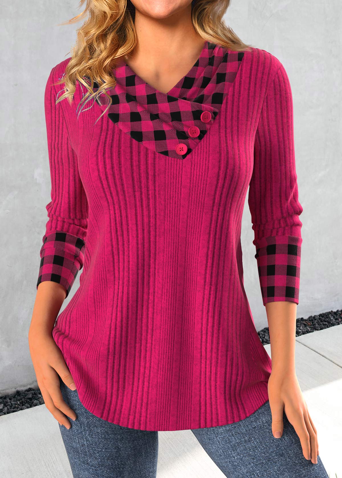 Hot Pink Patchwork Plaid Long Sleeve Sweatshirt | modlily.com - USD 27.98