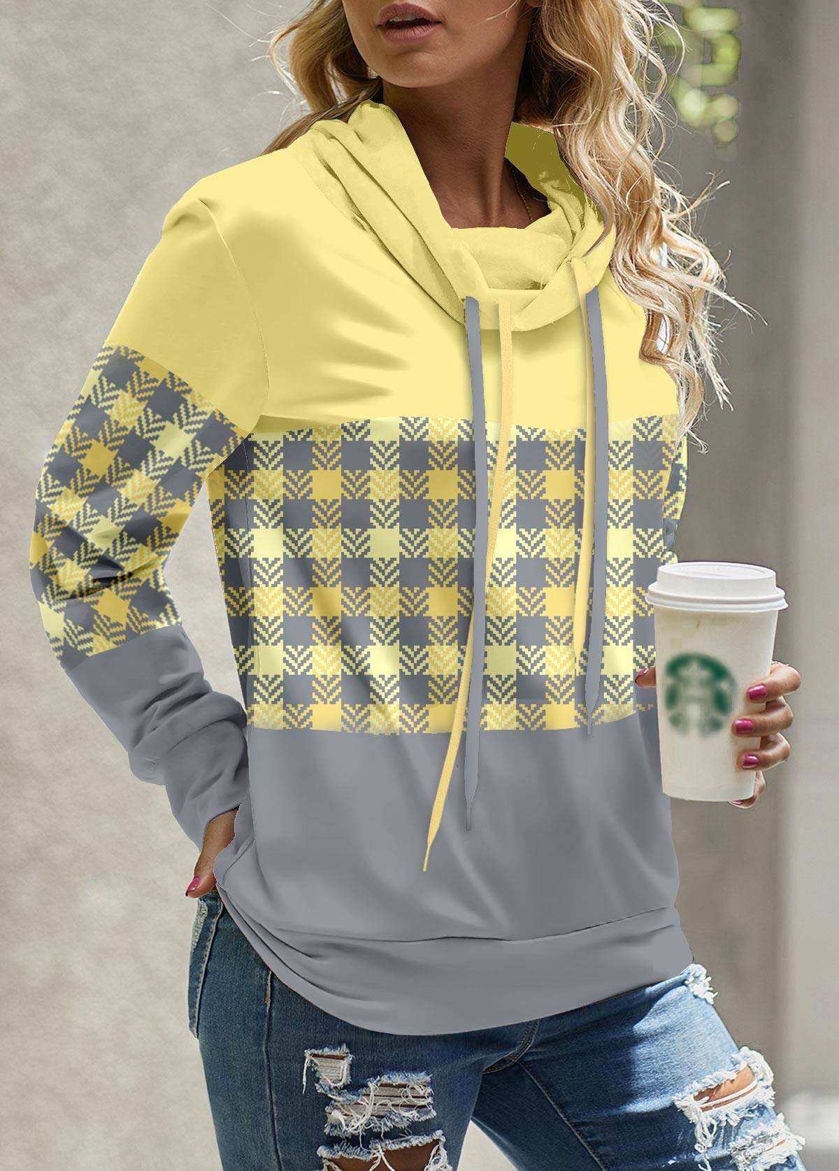 Plus Size Light Yellow Patchwork Plaid Sweatshirt | picture 