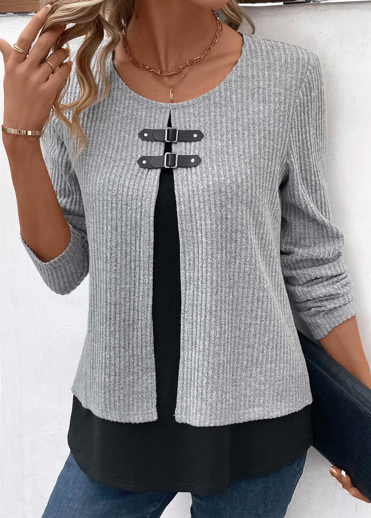 Light Grey Marl Long Sleeve Fake Two Piece Twinset | picture 