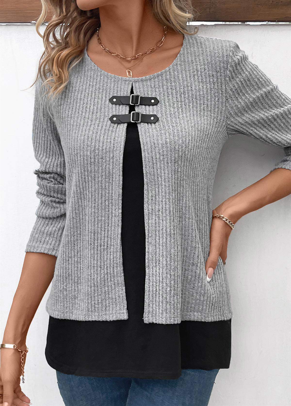Light Grey Marl Long Sleeve Fake Two Piece Twinset | picture 