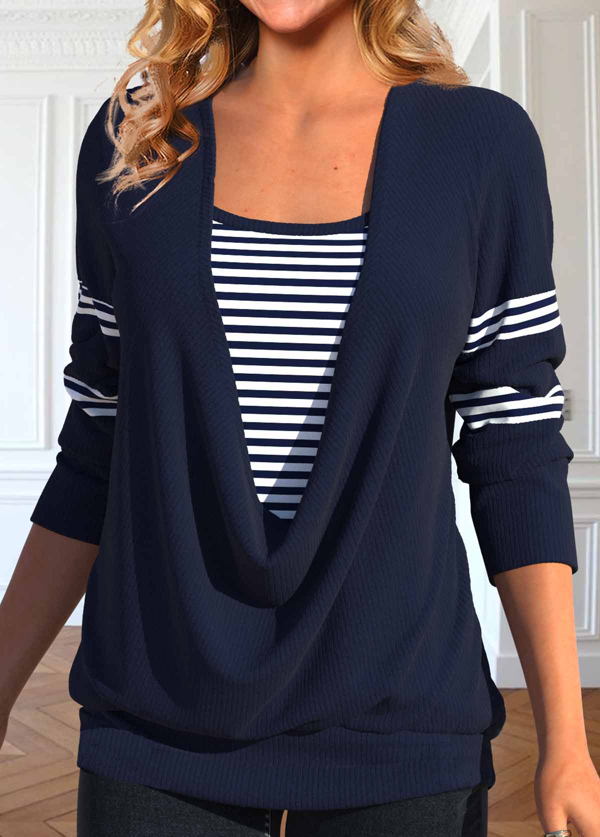 Navy Fake 2in1 Striped Long Sleeve T Shirt