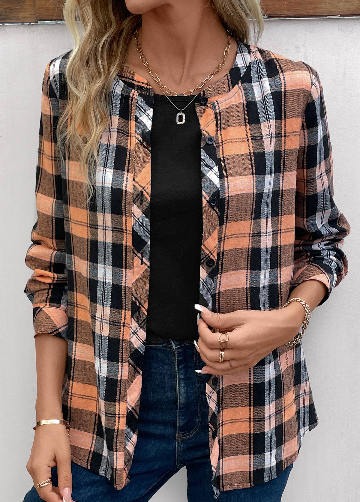 Orange Button Plus Size Plaid Long Sleeve Blouse | picture 