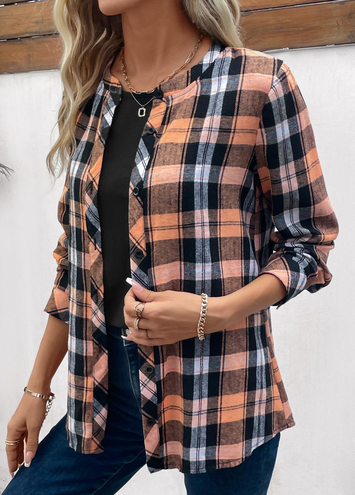 Orange Button Plus Size Plaid Long Sleeve Blouse | picture 