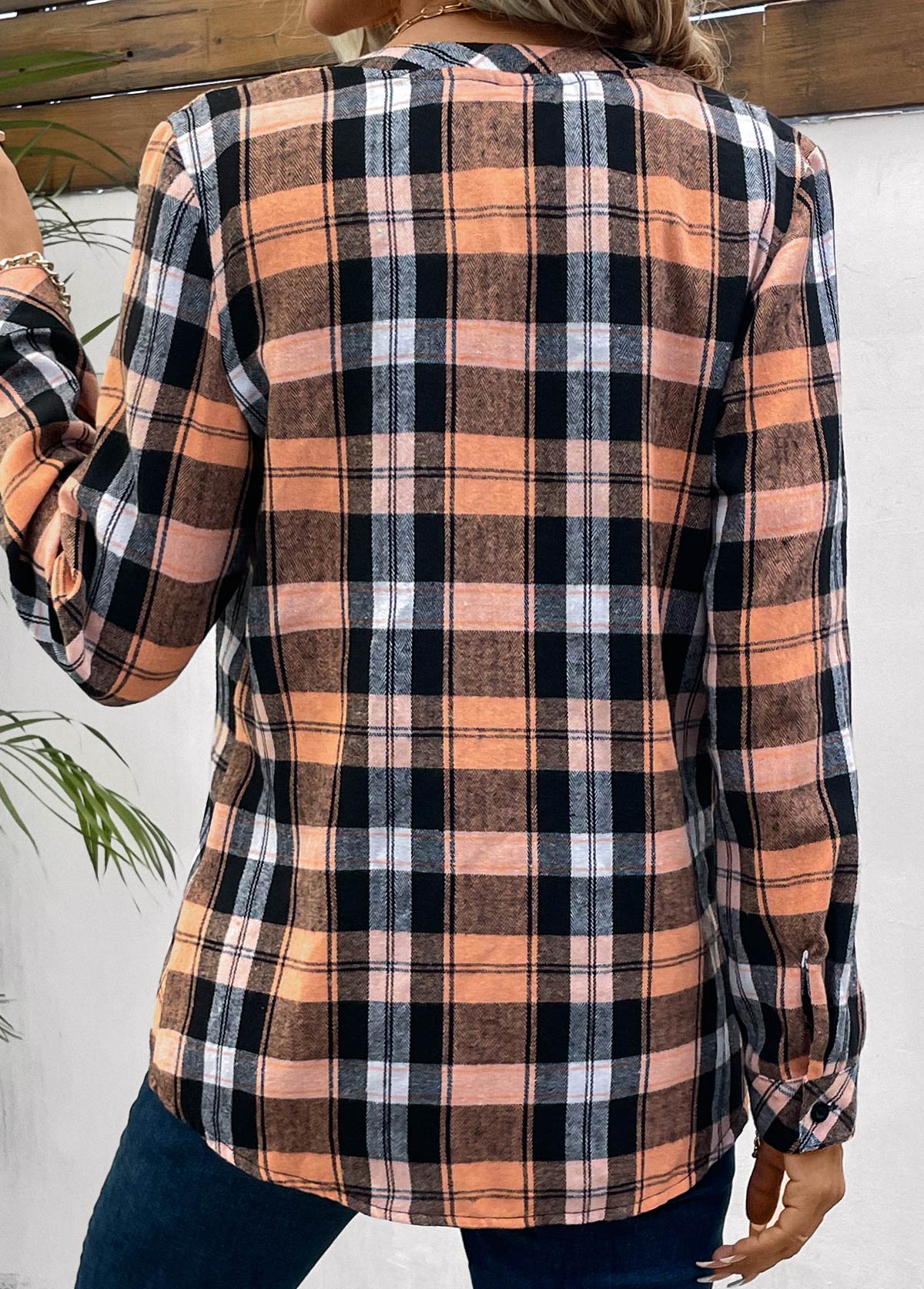 Orange Button Plus Size Plaid Long Sleeve Blouse | picture 