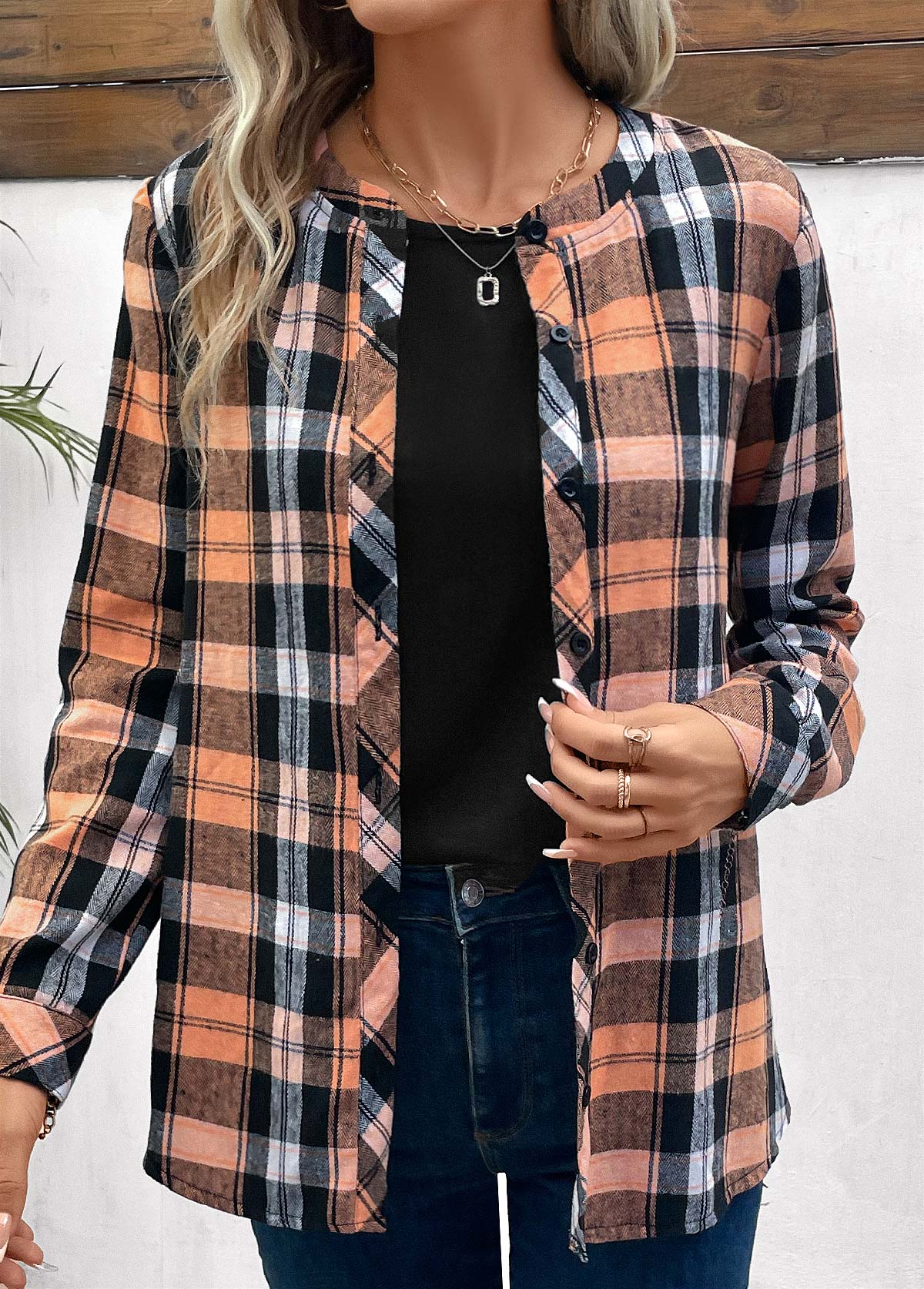 Orange Button Plus Size Plaid Long Sleeve Blouse | picture 