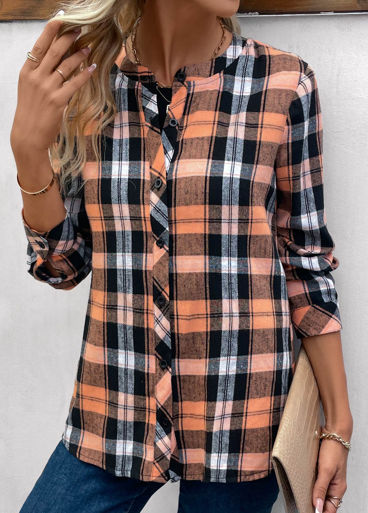 Orange Button Plus Size Plaid Long Sleeve Blouse | picture 