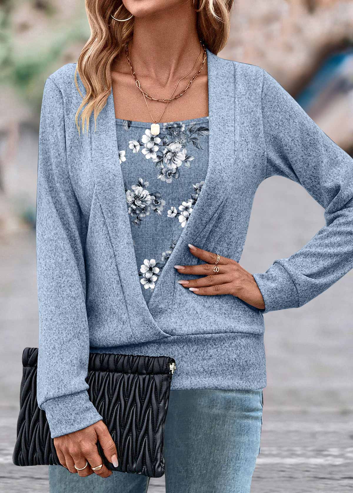 Dusty Blue Fake 2in1 Random Floral Print Sweatshirt | picture 