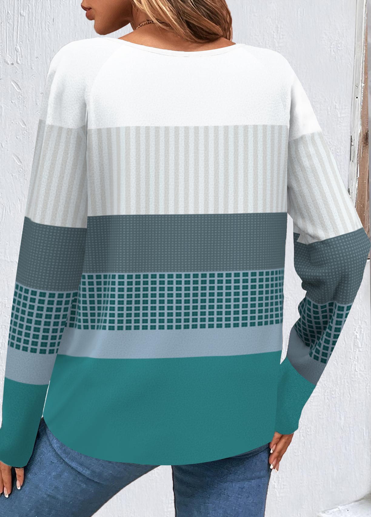 Turquoise Patchwork Geometric Print Long Sleeve Sweatshirt