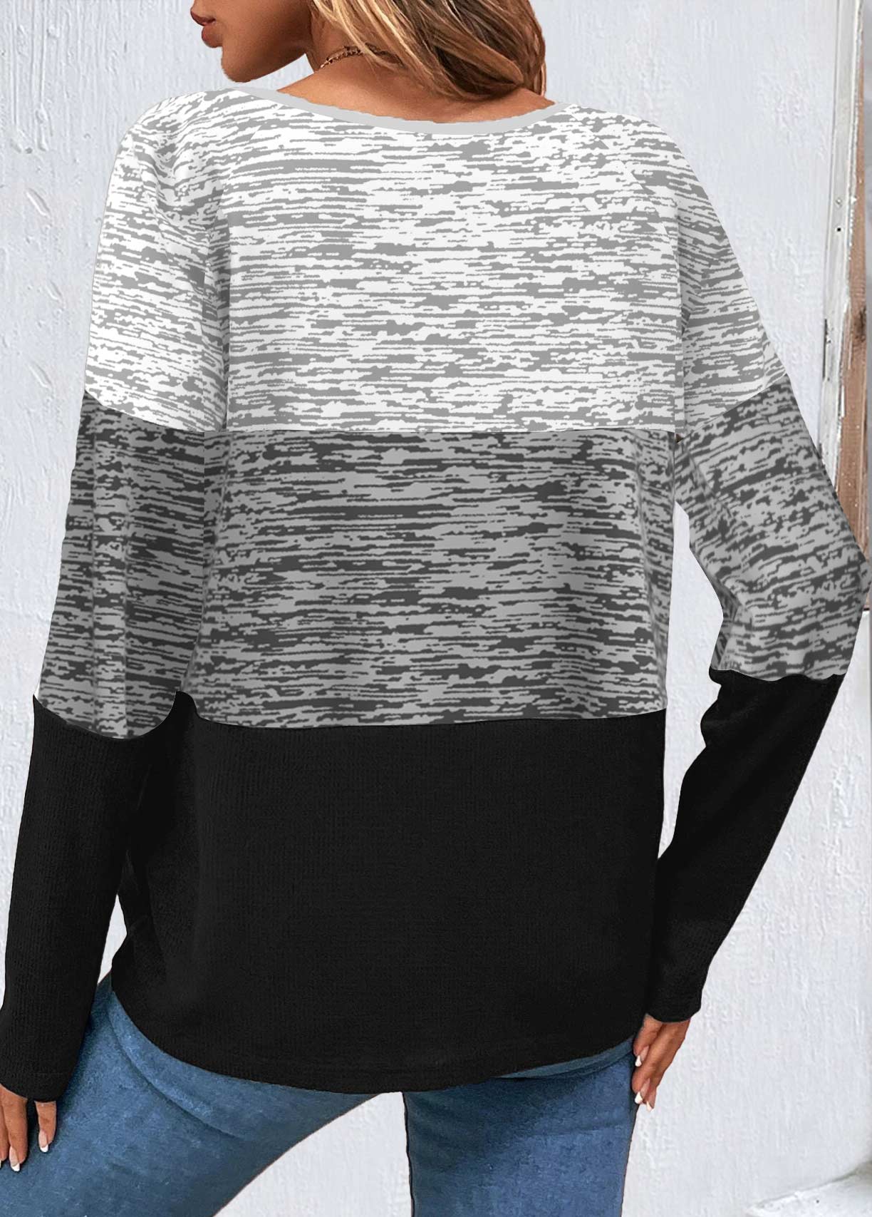 Grey Patchwork Long Sleeve Round Neck Sweatshirt