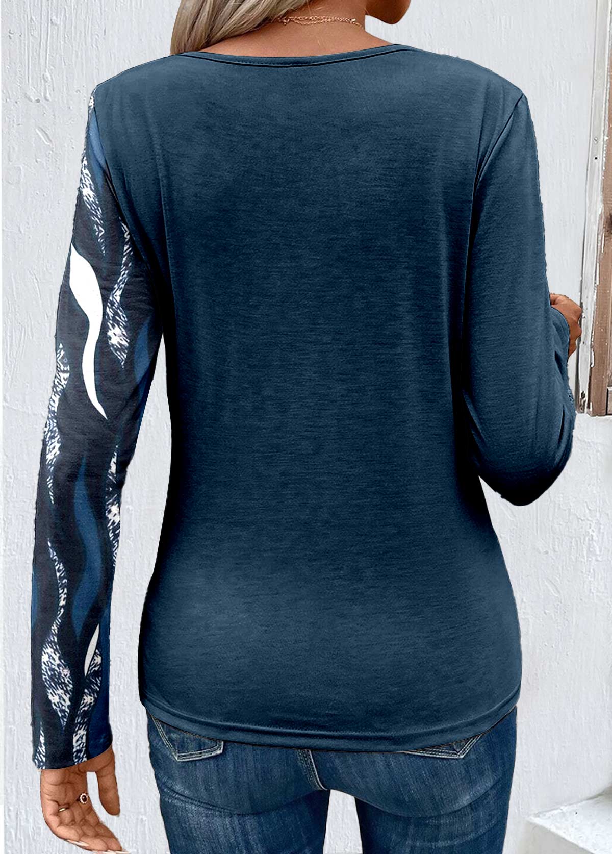 Peacock Blue Patchwork Geometric Print Long Sleeve Sweatshirt