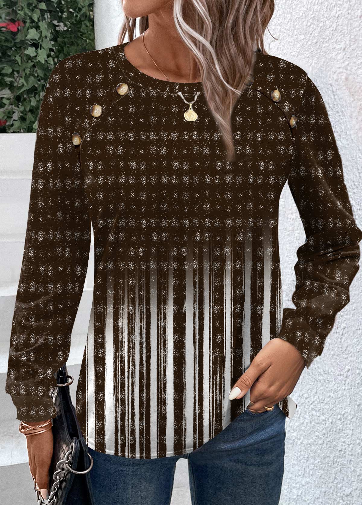 Dark Camel Button Ombre Long Sleeve T Shirt | picture 