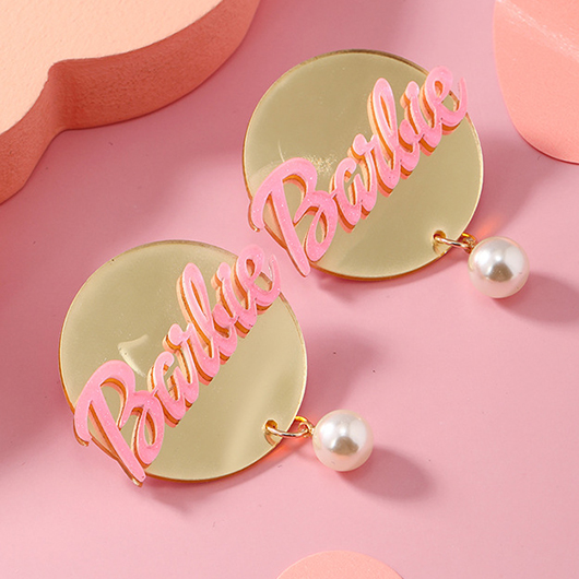 Pink Round Pearl Letter Detail Earrings