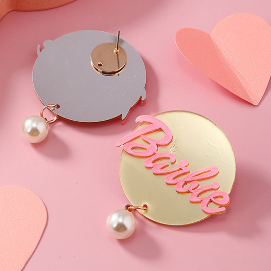 Pink Round Pearl Letter Detail Earrings