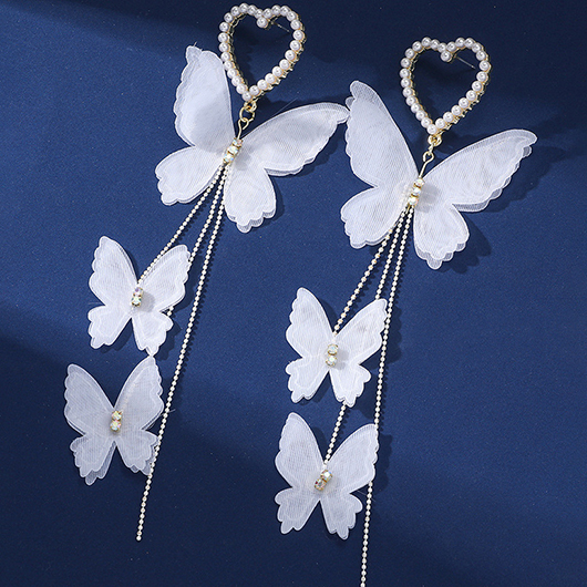 Silvery White Butterfly Pearl Heart Earrings