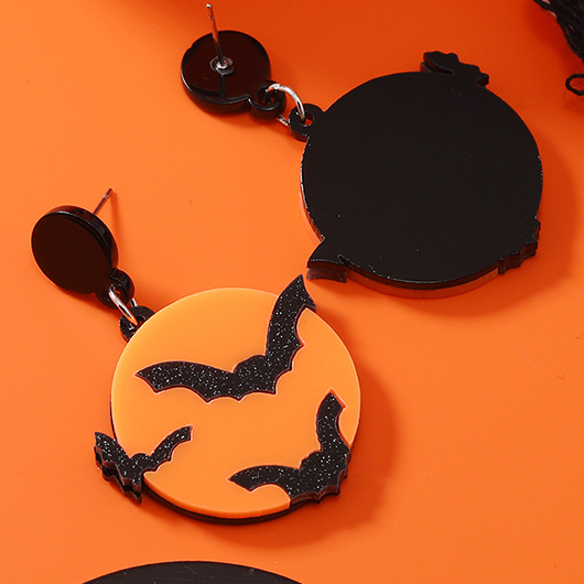 Orange Bat Halloween Print Round Earrings