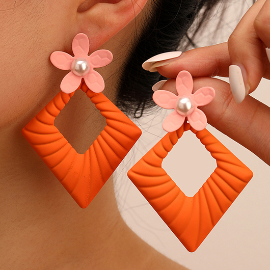 Pearl Detail Orange Square Metal Earrings