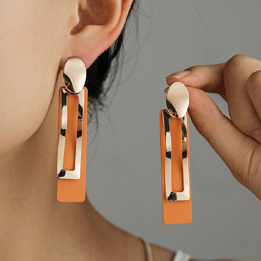 Orange Geometric Detail Rectangle Metal Earrings