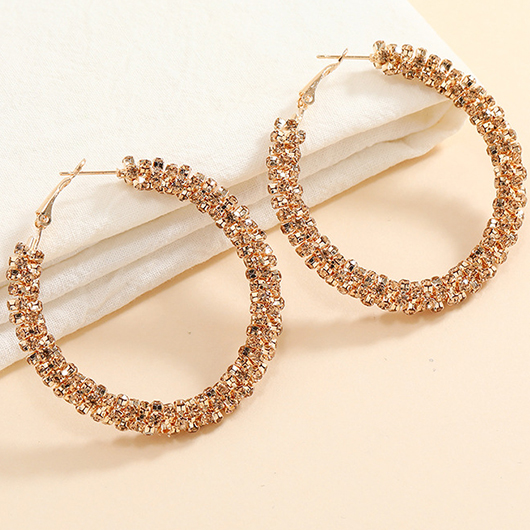 Gold Round Alloy Detail Rhinestone Earrings