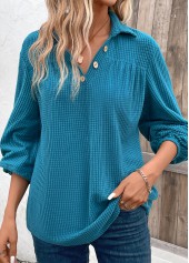 Peacock Blue Ruched Plus Size Long Sleeve Blouse