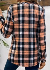 Orange Button Plaid Long Sleeve Round Neck Blouse | thumb picture 
