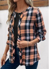Orange Button Plaid Long Sleeve Round Neck Blouse | thumb picture 